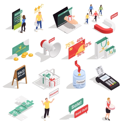 Customer loyalty retention isometric concept icons collection with sixteen isolated images with human characters symbols signs vector illustration