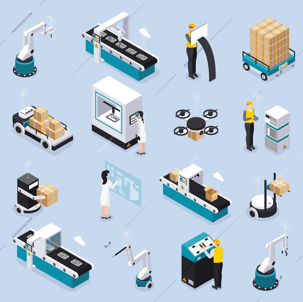 Isometric smart industry icon set with robotics tools and equipment service workers and scientists vector illustration