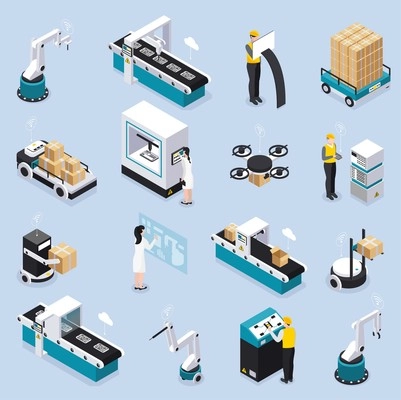 Isometric smart industry icon set with robotics tools and equipment service workers and scientists vector illustration