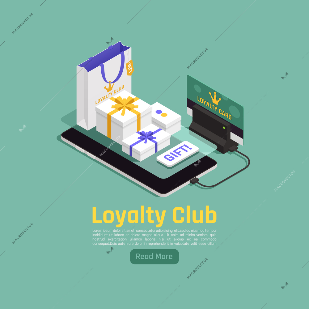 Customer loyalty retention isometric background composition with read more button images of gift boxes and smartphone vector illustration