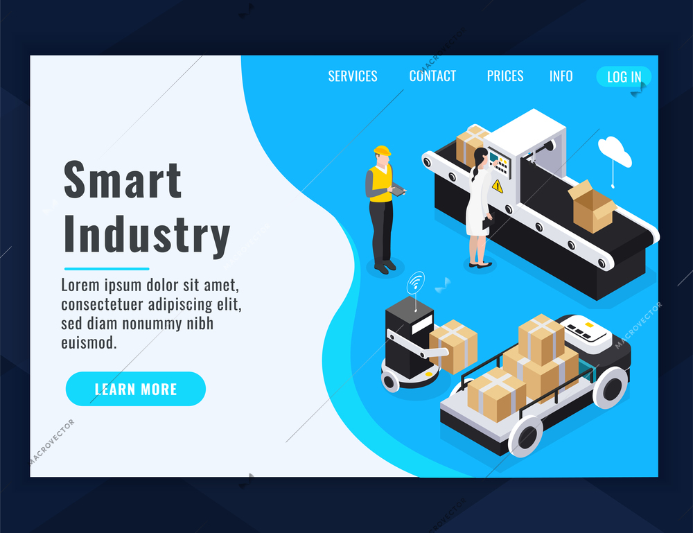 Isometric smart industry landing page composition with learn more button and links vector illustration