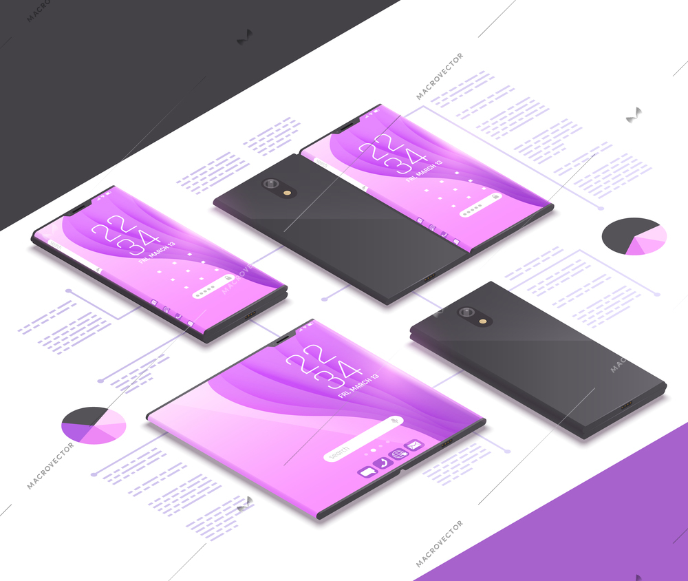 Foldable gadgets concepts isometric mockup composition with next gen models of electronics tablets smartphones and text vector illustration