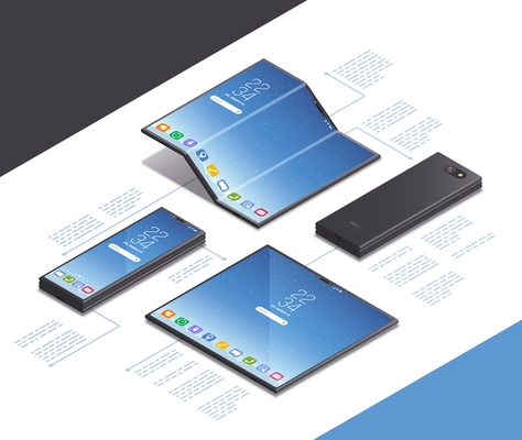 Foldable gadgets concepts isometric mockup composition with text captions and realistic images of futuristic smartphone models vector illustration