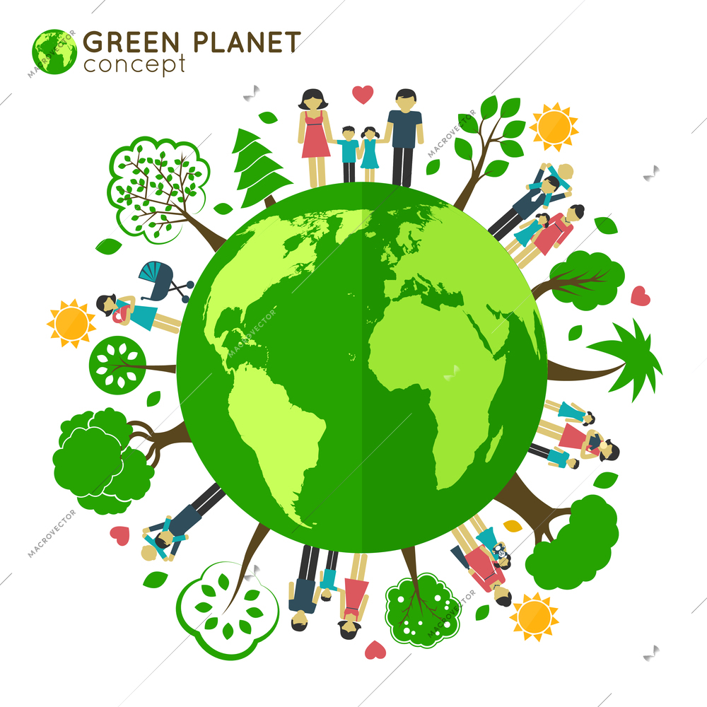 Family icons around the globe green planet ecology concept vector illustration