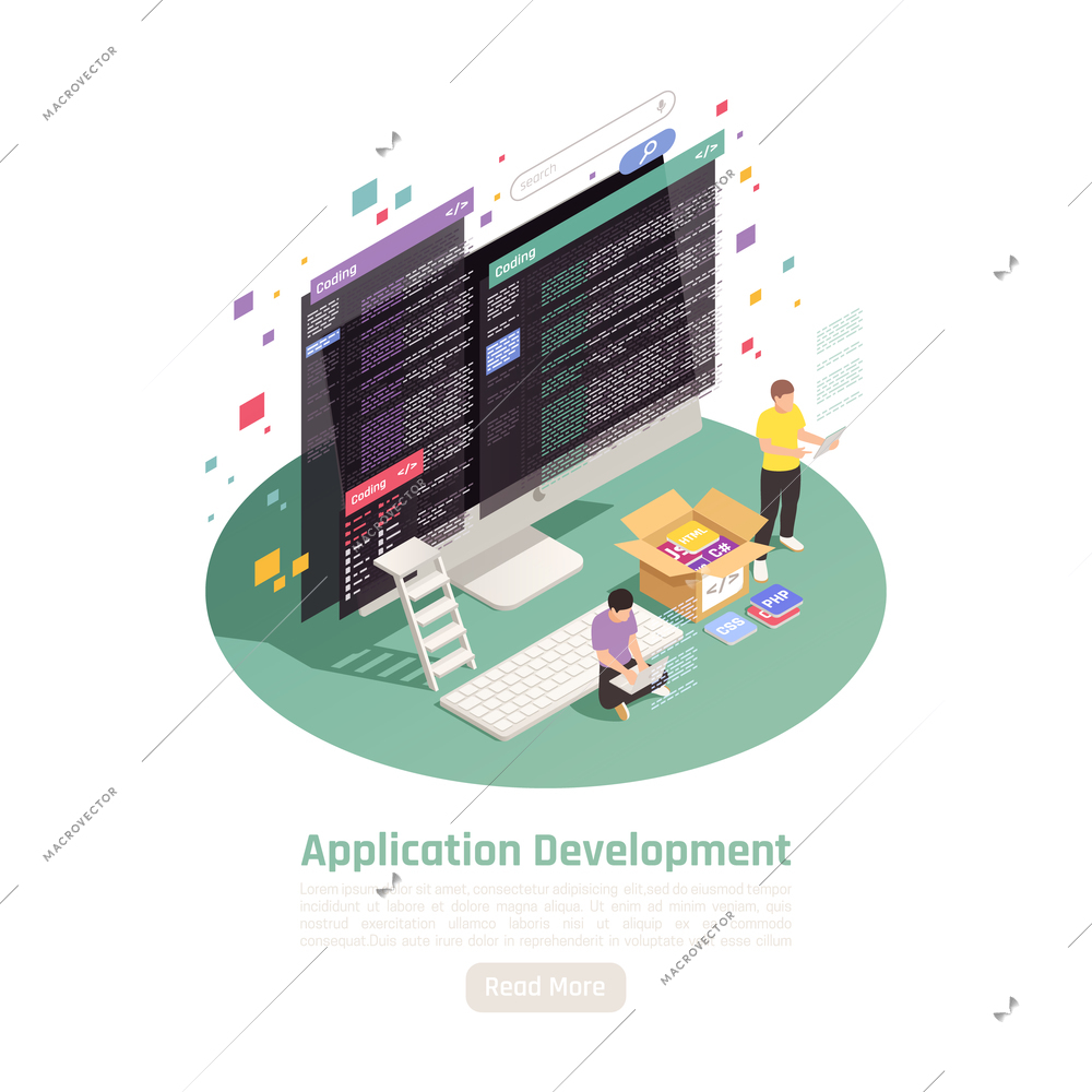 Application development isometric background composition with small people characters computer screens text and read more button vector illustration