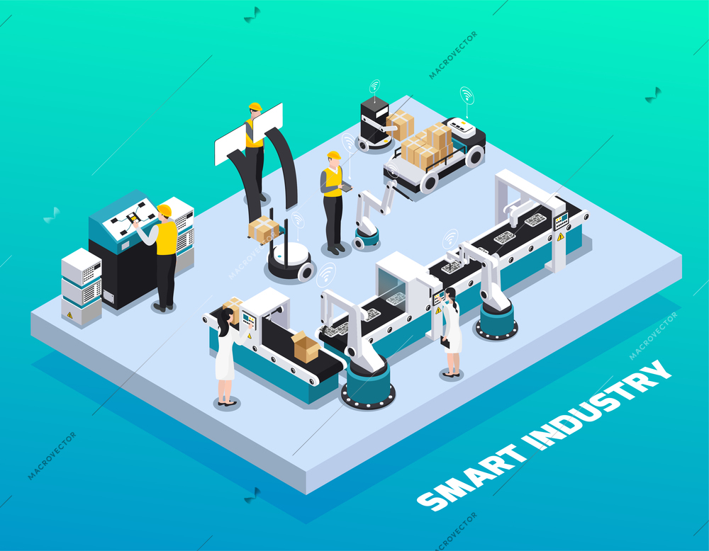 Isometric smart industry colored composition with production and packaging at smart factory vector illustration