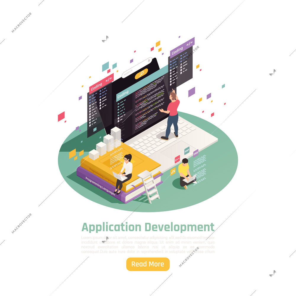 Application development isometric background composition with editable text read more button and images of working people vector illustration