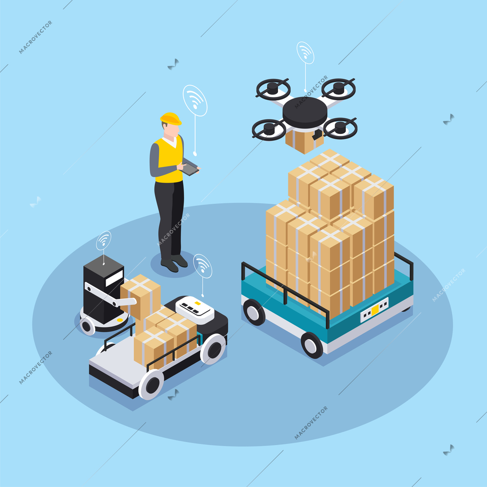 Isometric smart industry colored background with man in yellow work helmet keeps an eye on smart equipment vector illustration