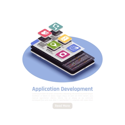 Application development isometric background with round composition of read more button text ans smartphone icons images vector illustration