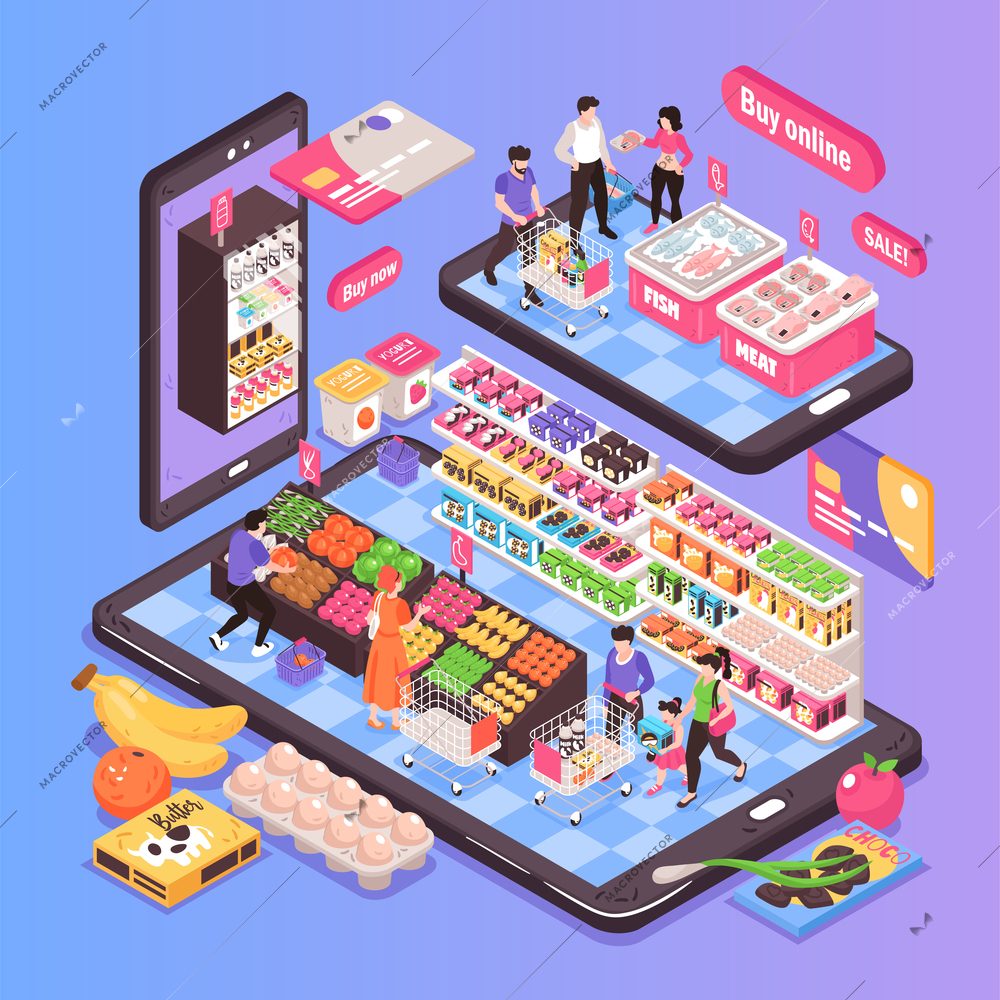 Online supermarket isometric composition on smartphone screen with shopping trolleys fruit vegetables shelves products customers vector illustration