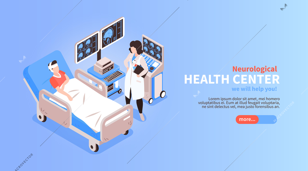 Neurological medial health center home page isometric horizontal web banner with  hospitalized patient doctor equipment vector illustration