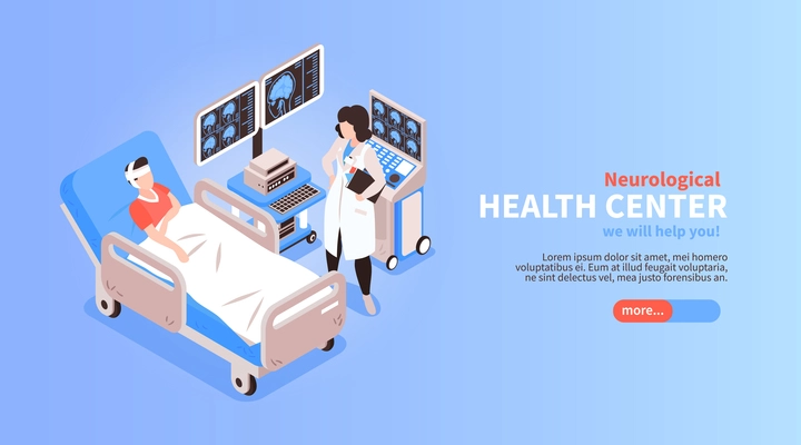 Neurological medial health center home page isometric horizontal web banner with  hospitalized patient doctor equipment vector illustration