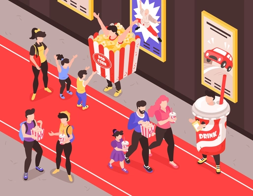 Fastfood promoters in snacks and soft drinks costumes approaching customers on red carpet isometric composition vector illustration