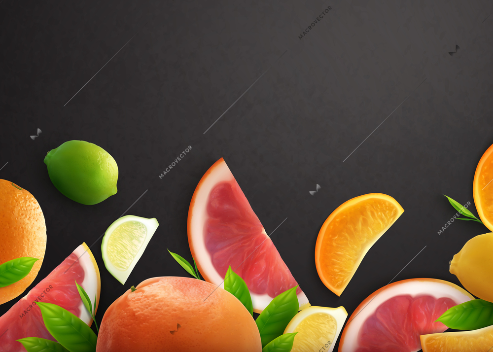 Citrus realistic black background with whole fruits and slices of fresh orange lemon and grapefruit vector illustration