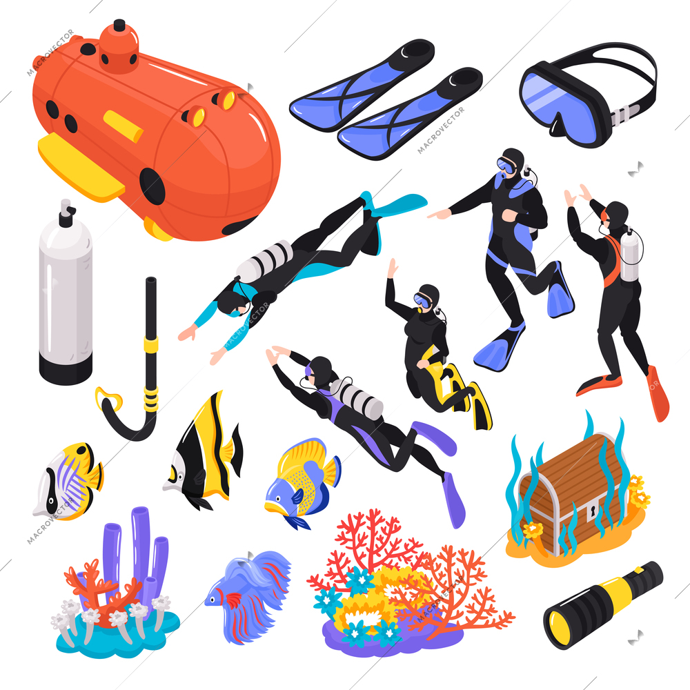 Deep and scuba diving isometric fairy tale underwater set with bathyscaphe treasure chest fish divers vector illustration