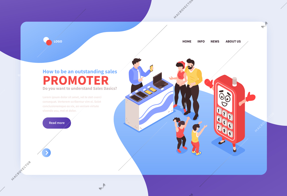 Sales promoters recruiting agency isometric landing web page banner with computers smartphone seller approaching customers vector illustration