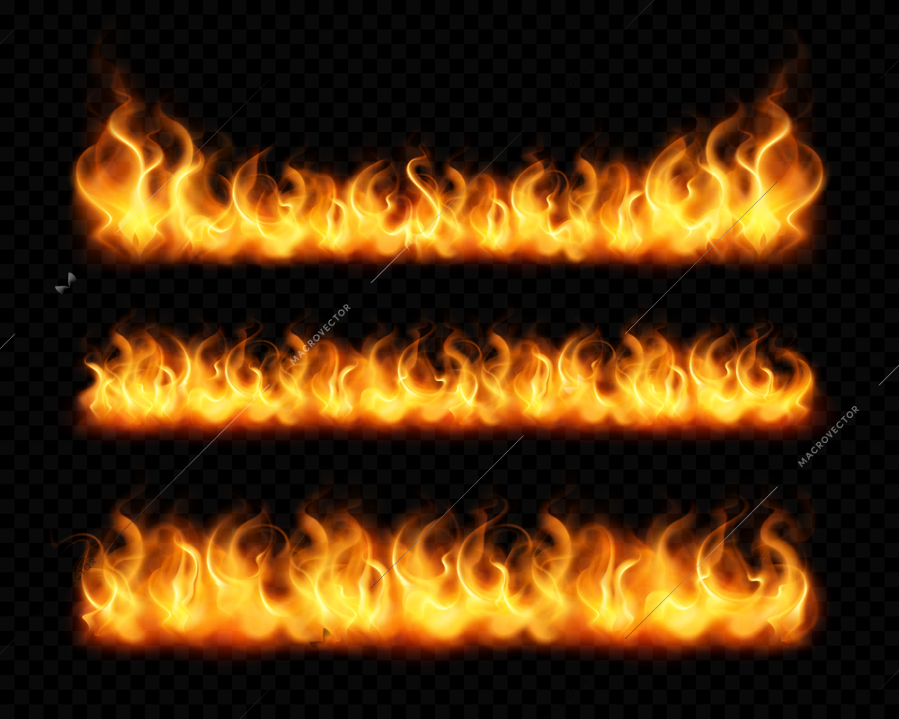 Fire flame realistic borders set of horizontal burning bonfires isolated on dark transparent background vector illustration