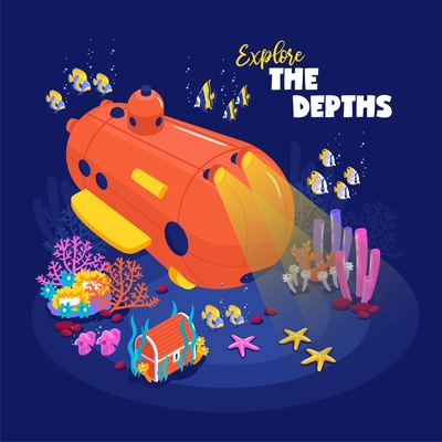 Funny deep diving bathyscaphe on ocean bottom surrounded by fish coral reef treasure chest isometric vector illustration