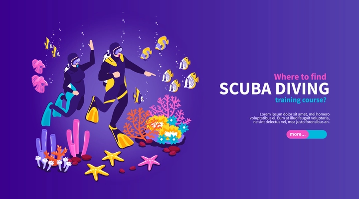 Scuba diving training isometric horizontal web page banner with colorful underwater world divers equipment background vector illustration