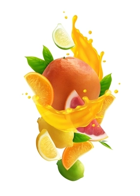 Citrus juice colored composition with realistic fresh fruits and splash of juice on white background vector illustration