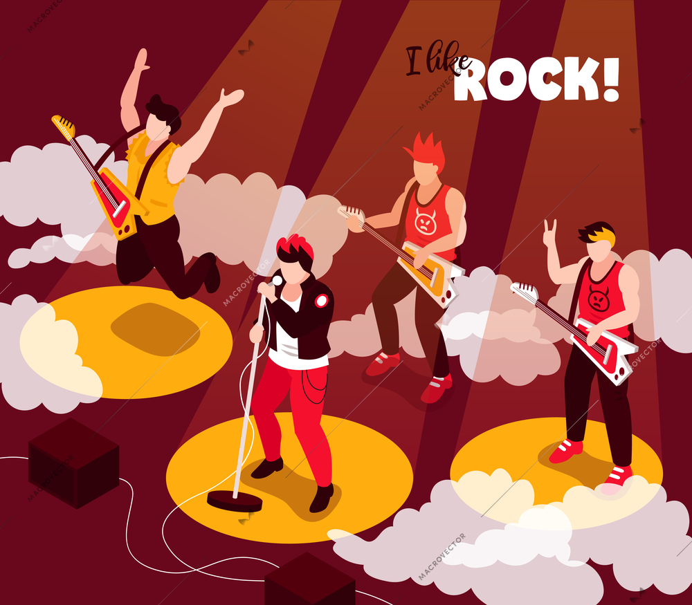 Rock punk musicians band performance isometric composition with singer guitarists stereo loudspeakers spotlight rays background vector illustration