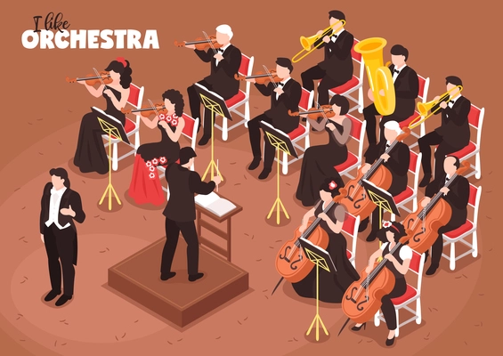 Classical music orchestra isometric composition with singer conductor directing performance violin cello tuba bass players vector illustration