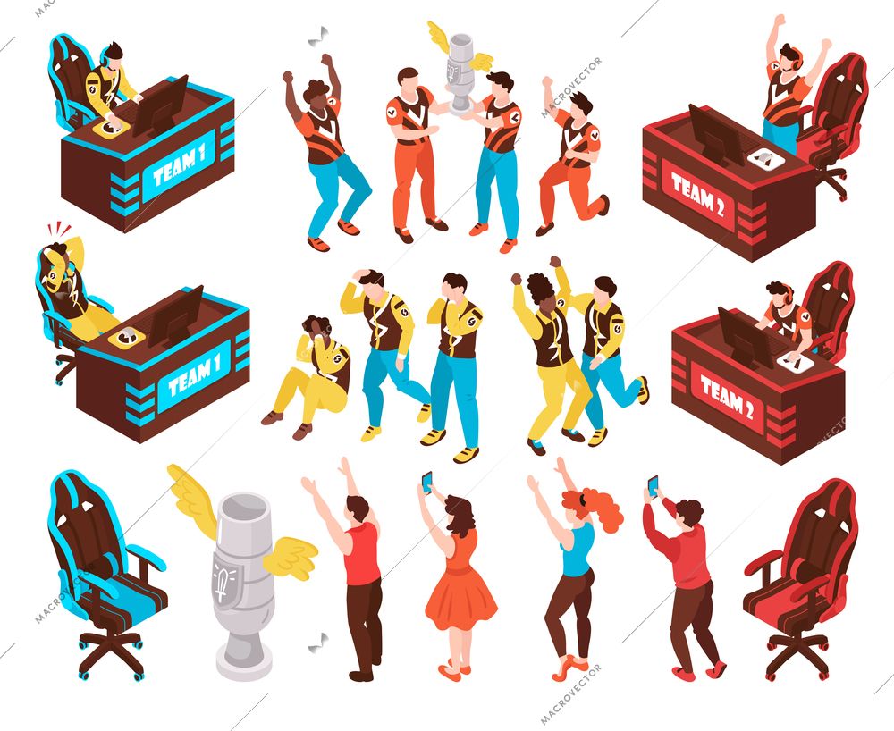 Cyber sport competition isometric characters elements accessories set with players teams champions cup winners trophy vector illustration