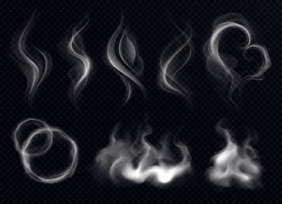 Steam smoke with ring and swirl shape realistic set white on dark transparent background isolated vector illustration