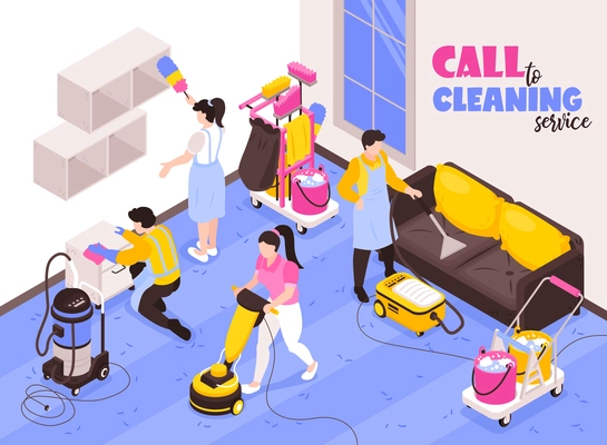 Cleaning service isometric advertising composition with professional team at work with vacuum cleaners sponge duster vector illustration