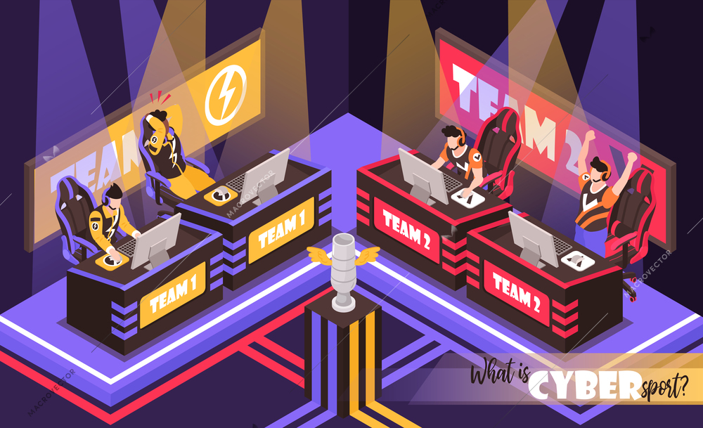 Cyber sport team fight isometric compositions with players competing in computer gaming under spotlights colorful vector illustration