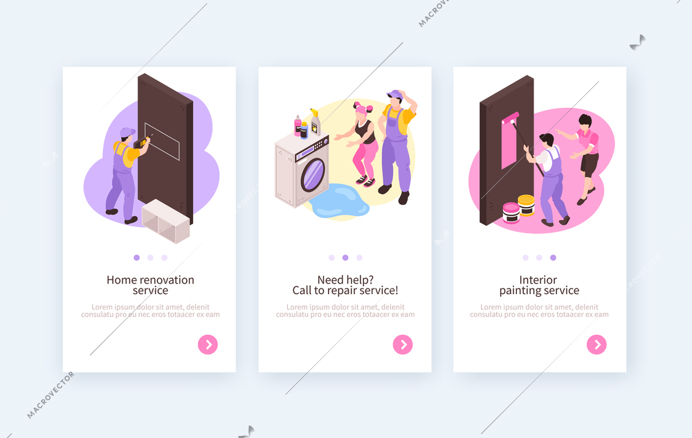 Home renovation repair interior remodeling service advertisement 3 vertical isometric banners with professional handymen    isolated vector illustration