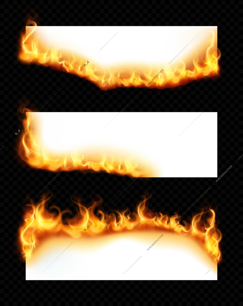 Realistic set of three white horizontal paper sheets with burning edges isolated on dark transparent background vector illustration