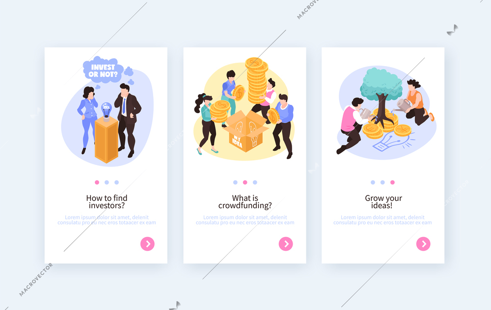 Crowdfunding 3 isometric vertical banners set with growing ideas starting projects finding investors info isolated vector illustration