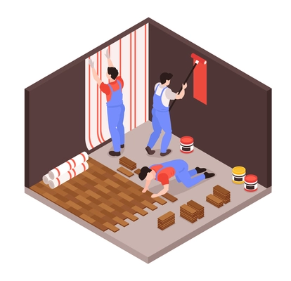 Home remodeling repair service isometric composition with renovation team wallpapering laying floor tiles painting walls vector illustration