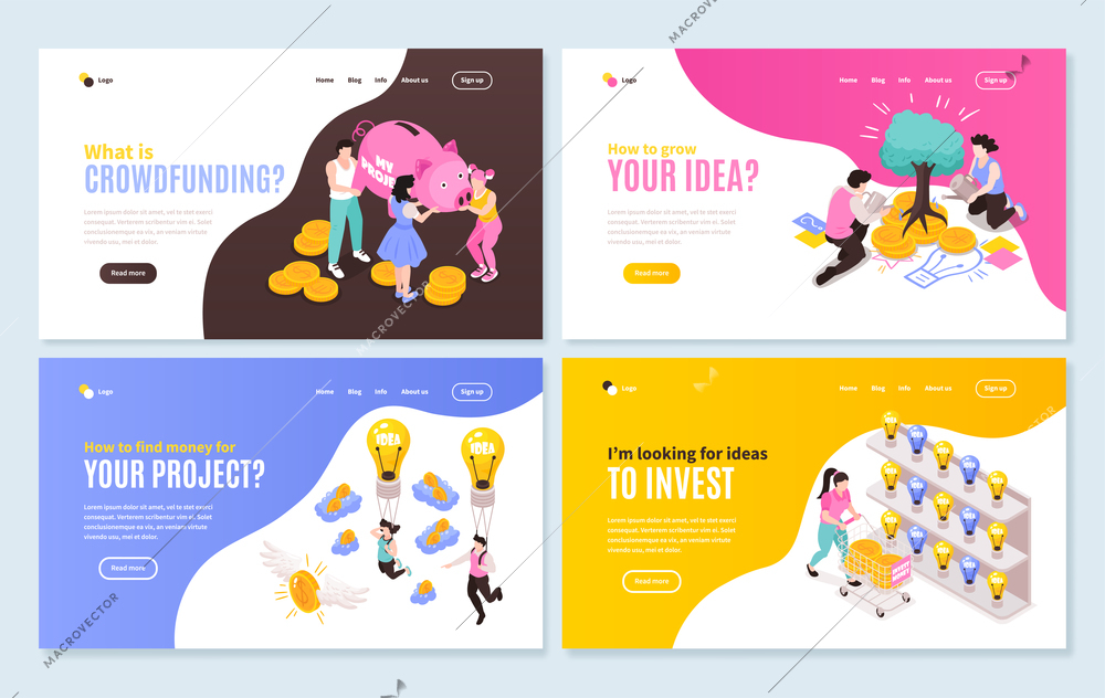 Crowdfunding concept 4 isometric horizontal web page banners set with project ideas info for investors vector illustration