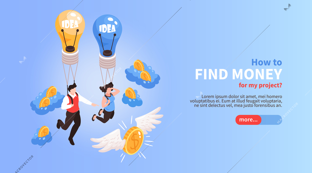 Crowdfunding horizontal isometric website  banner with finding money for projects online options flying coins symbols vector illustration