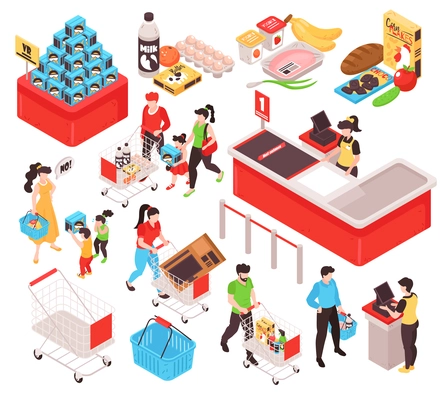 Supermarket isometric set with products offer promotion section trolley cart basket customers cashier white background vector illustration