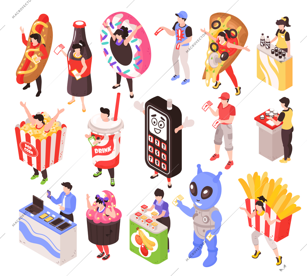 Sales promoters characters advertising fastfood and electronics products stands costumes portable counters isometric set isolated vector illustration