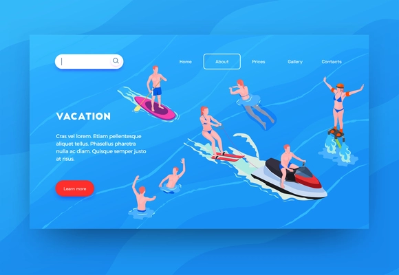 Water sports isometric landing page with vacation headline links and learn more button vector illustration