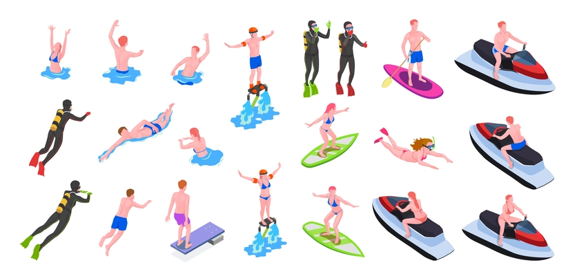 Different water sports isometric icon set with surfing windsurfing diving swimming and other types of sports vector illustration