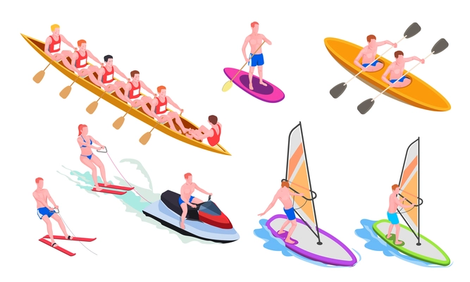 Isolated and isometric water sports icon set with diving windsurfing canoeing rowing snorkeling vector illustration