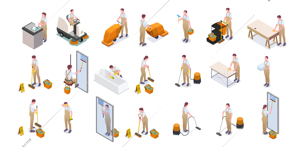 Cleaning isometric isolated icon set with cleaners in overalls wash dishes floors plumbing and windows vector illustration