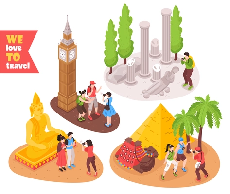 Travel journey concept 4 isometric compositions with tourists visiting egypt pyramids london big ben rome vector illustration