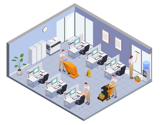 Cleaning isometric and colored composition with isolated office room and cleaners work vector illustration