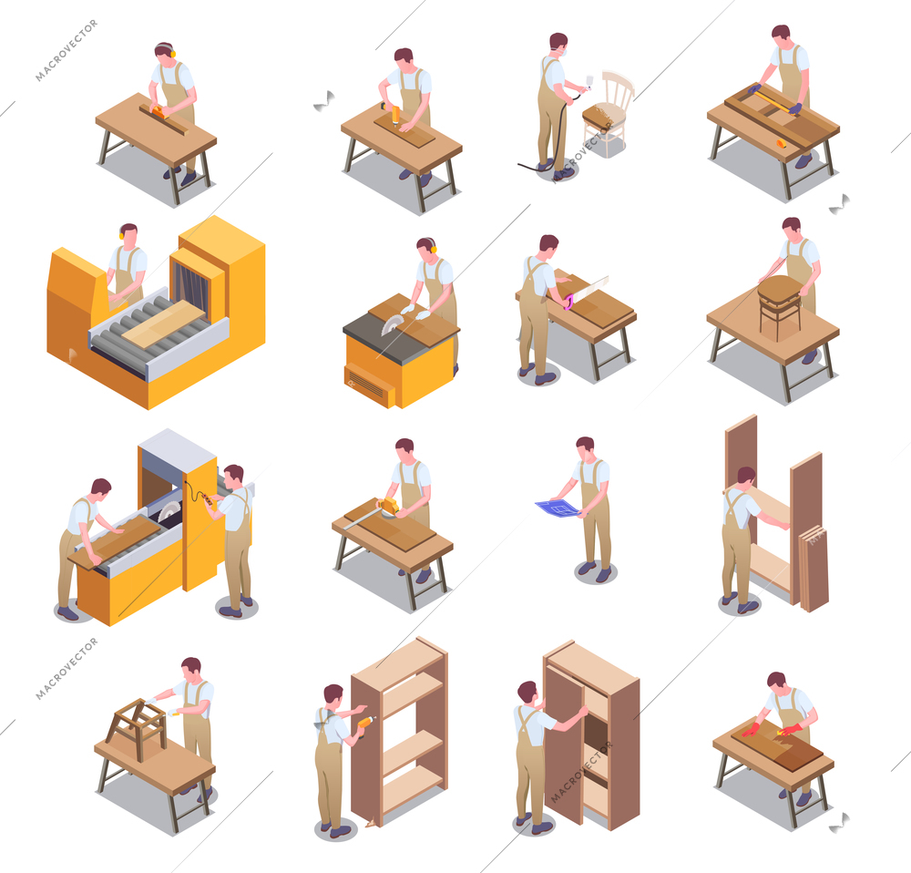 Furniture production isometric icon set with workers make furniture wooden cabinets and countertops vector illustration