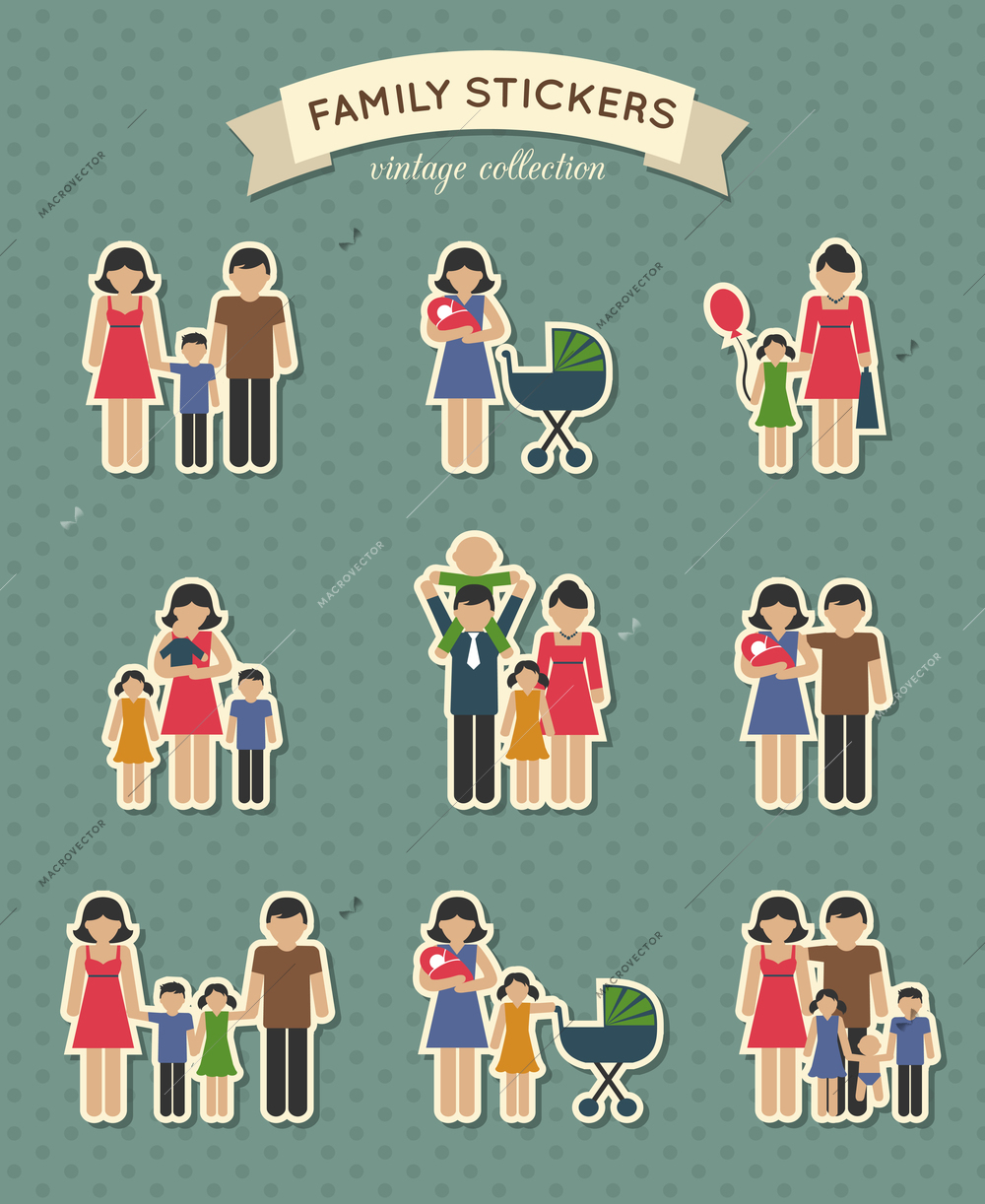 Set of color family  parent kids icons stickers for scrapbook  vector illustration