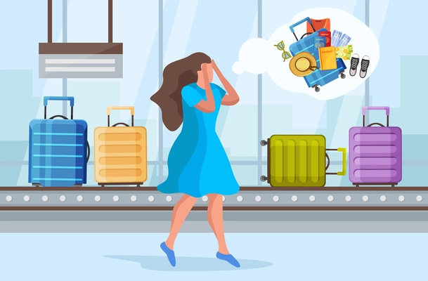 Lost suitcase flat composition with airport baggage claim area with reel and character of distressed woman vector illustration