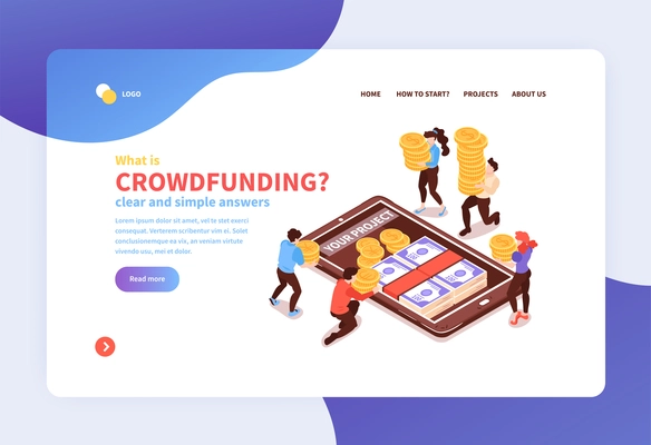 Online mobile banking concept isometric website banner with crowdfunding raising  money on smartphone screen symbol vector illustration