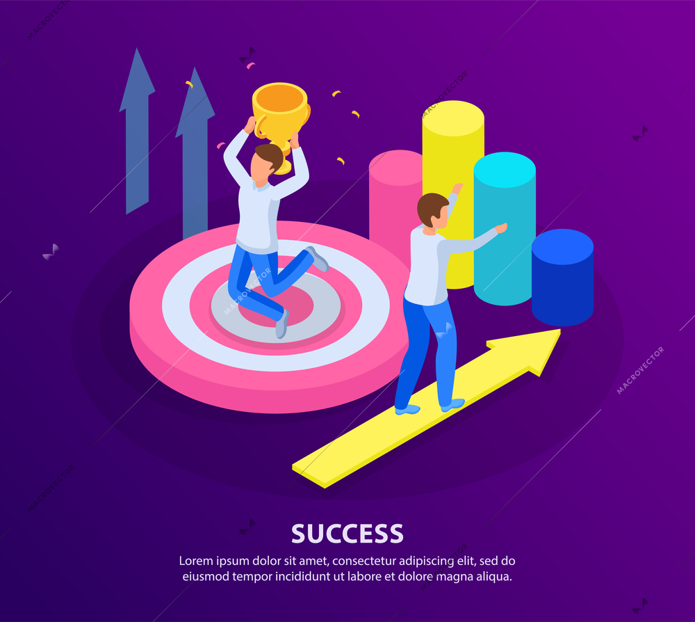 Run to goal isometric background with characters of people infographic symbols and icons with editable text vector illustration