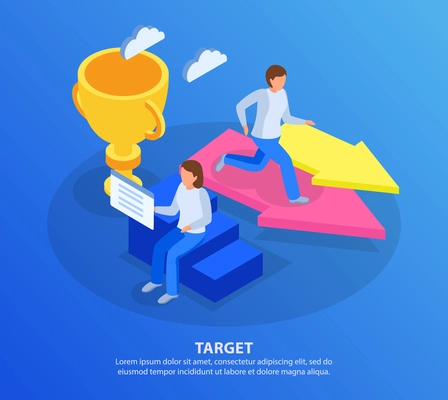 Run to goal isometric background with conceptual images of arrows stairs and running people with text vector illustration